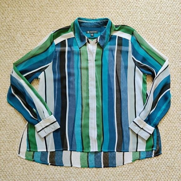 INC sheer striped button up blouse sz M - Picture 7 of 9